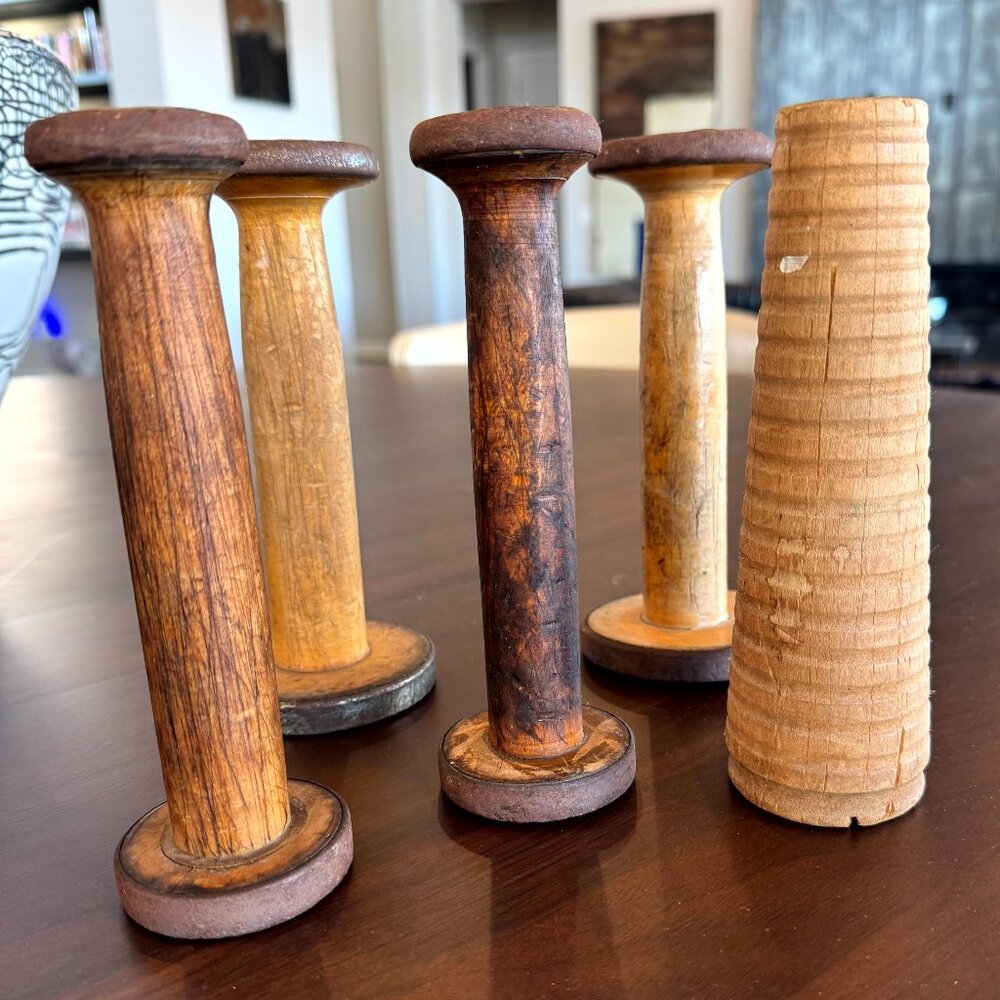 5 Vintage Industrial Wooden Textile Mill Spools Bobbins 7" Antique